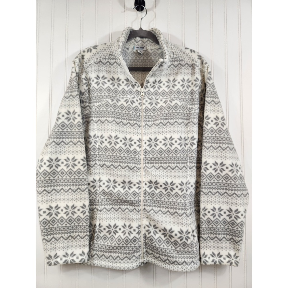 Old Navy Women 2XL Gray White Fair Isle Snowflake Full Zip Fleece Jacket Plush